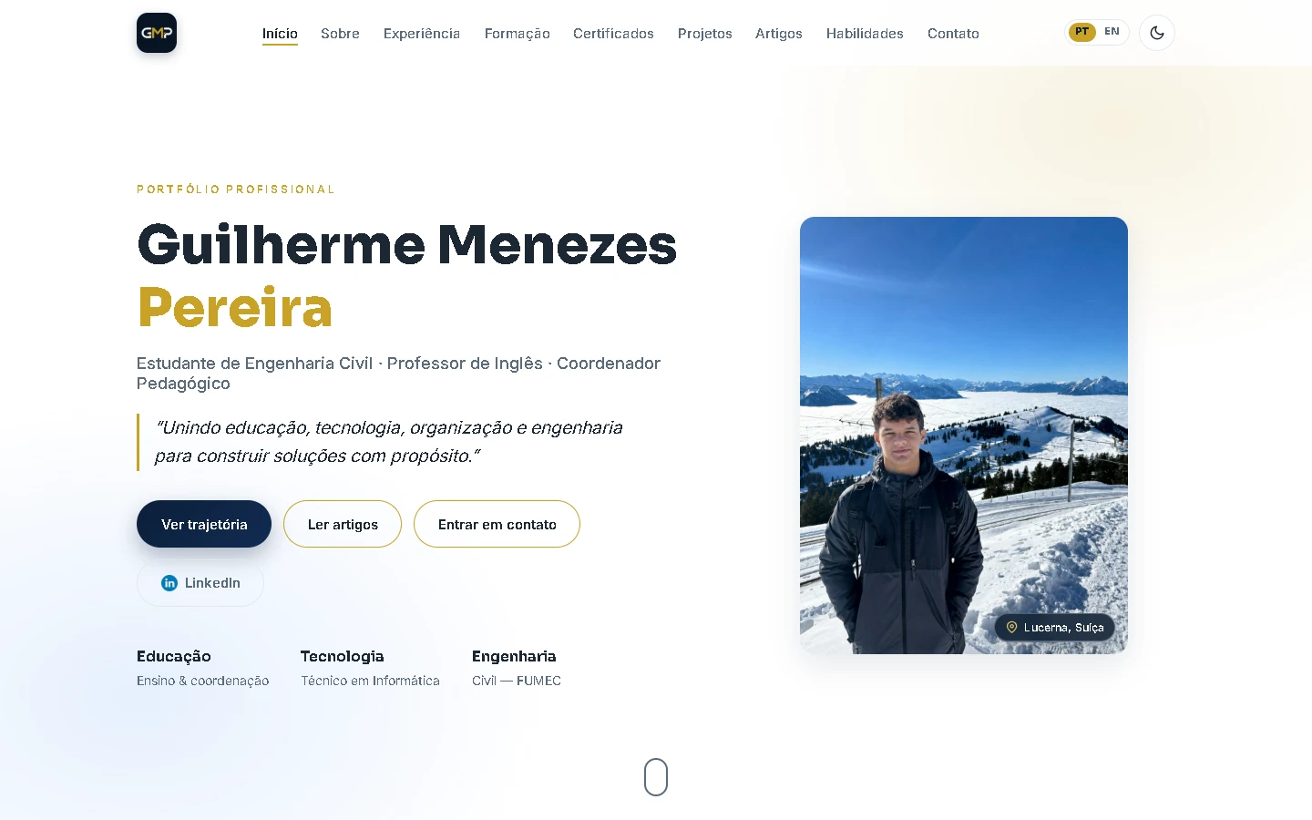 Website real de Guilherme Menezes Pereira, com fotografia em Lucerna e apresentação profissional.
